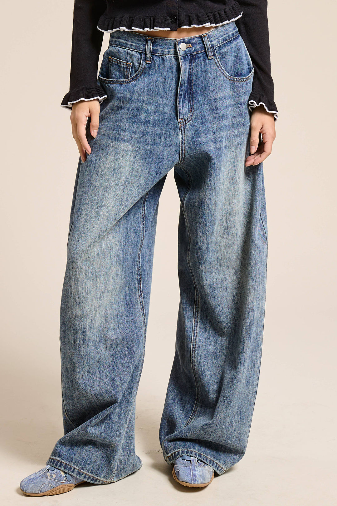 Stone Wide Leg Baggy Denim Jeans - Jeans