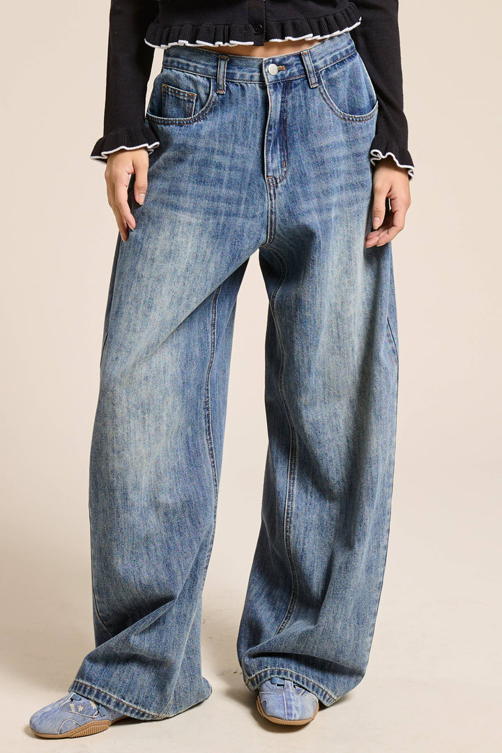 Stone Wide Leg Baggy Denim Jeans - Jeans