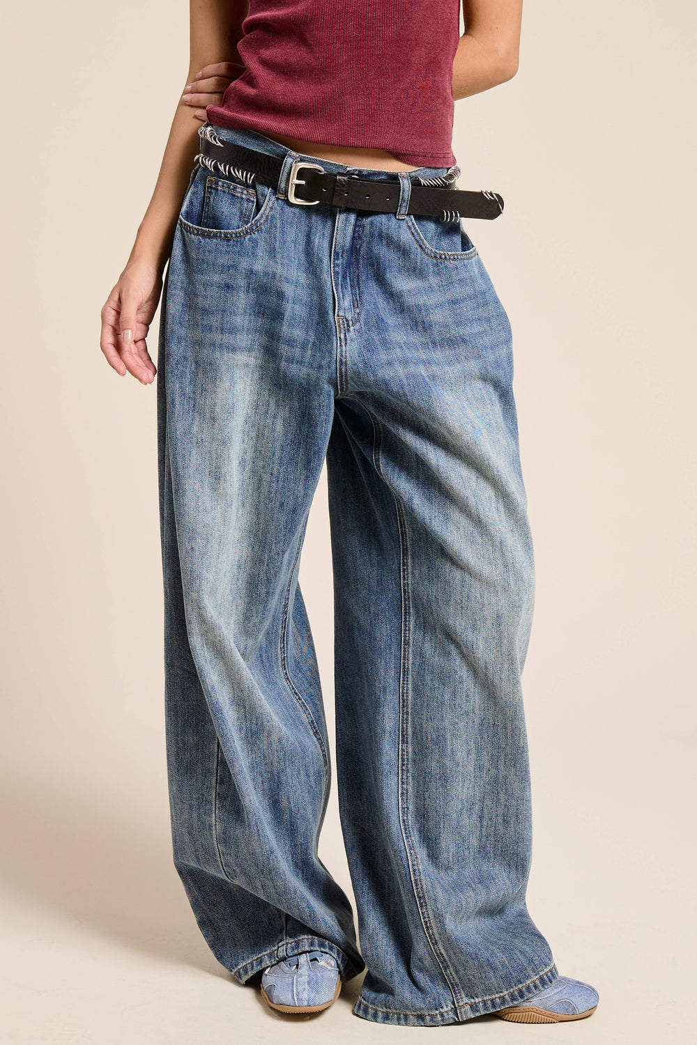 Stone Wide Leg Baggy Denim Jeans - Jeans
