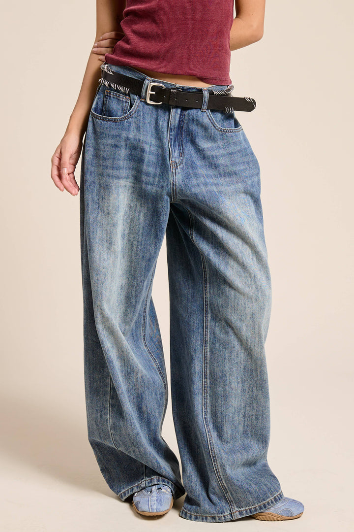 Stone Wide Leg Baggy Denim Jeans - Jeans