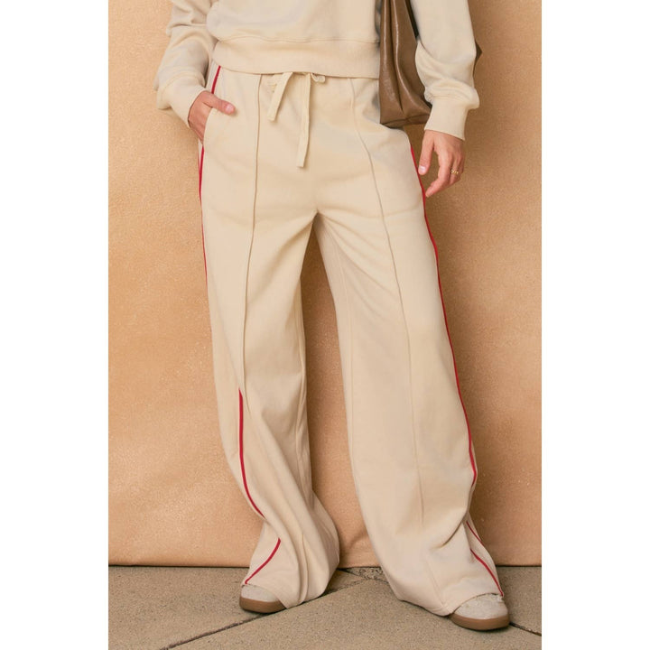Track Stripe Wide Leg Sweatpants - M / CREAM/RED - Pants