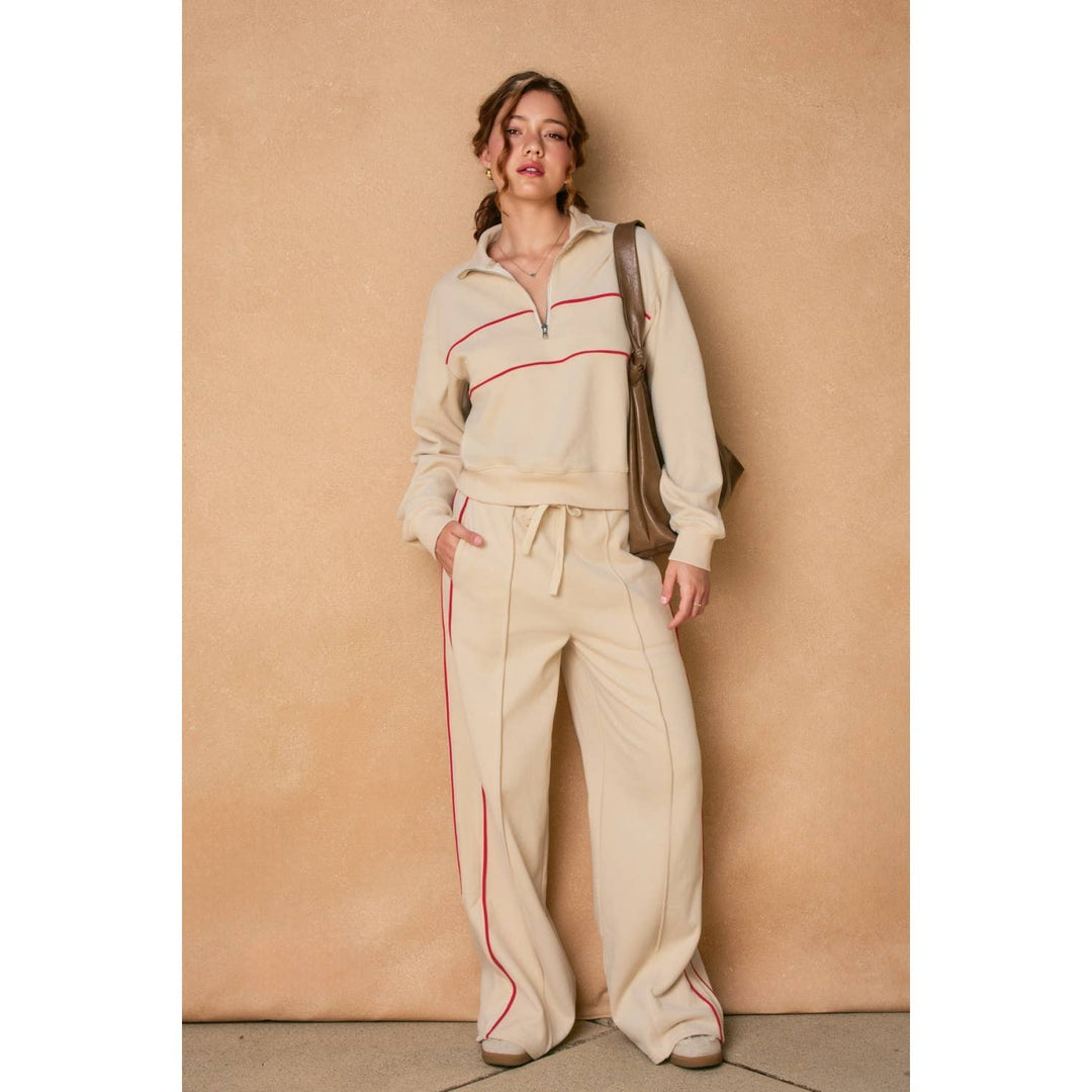 Track Stripe Wide Leg Sweatpants - S / CREAM/RED - Pants