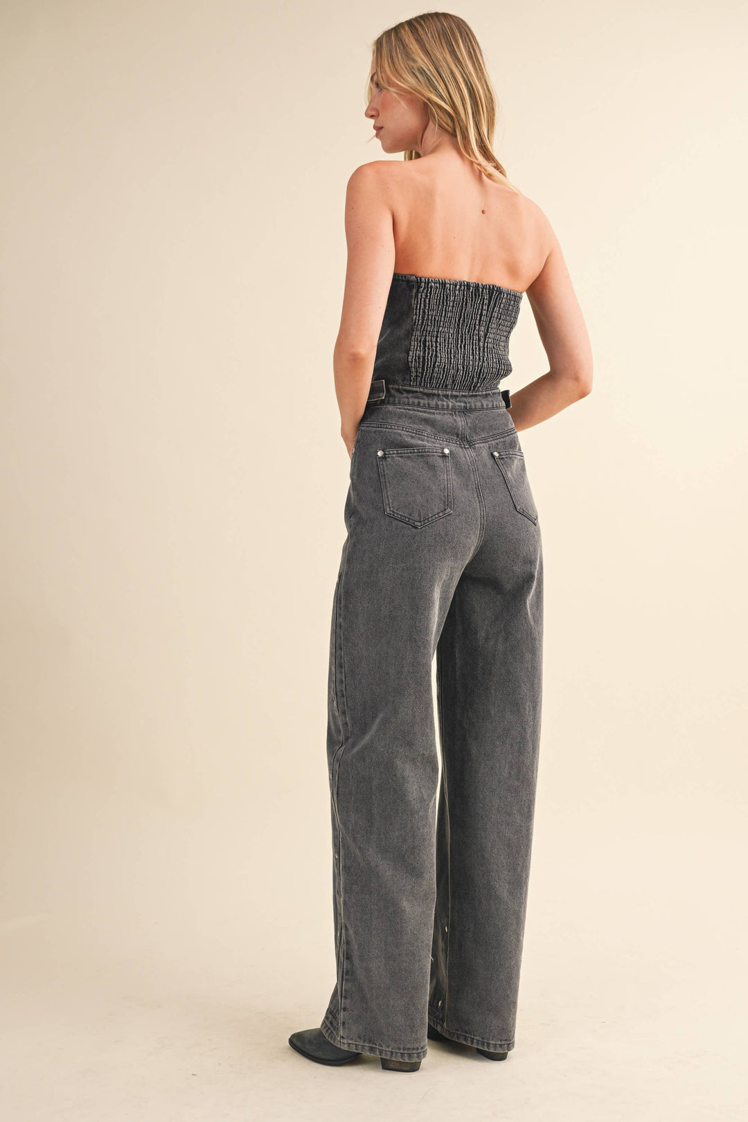 VANESSA STRAPLESS STUD DETAILED DENIM JUMPSUIT - jumpsuits & rompers