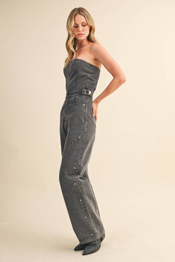 VANESSA STRAPLESS STUD DETAILED DENIM JUMPSUIT - jumpsuits & rompers