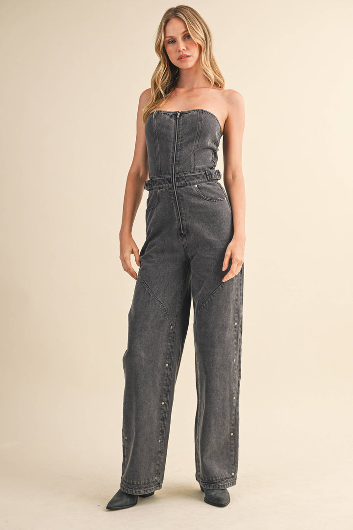 VANESSA STRAPLESS STUD DETAILED DENIM JUMPSUIT - jumpsuits & rompers