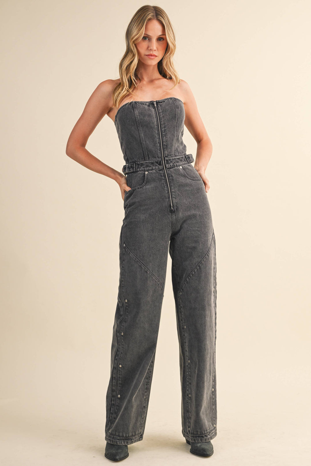 VANESSA STRAPLESS STUD DETAILED DENIM JUMPSUIT - jumpsuits & rompers