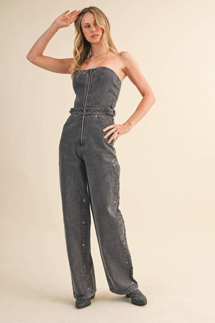 VANESSA STRAPLESS STUD DETAILED DENIM JUMPSUIT - jumpsuits & rompers