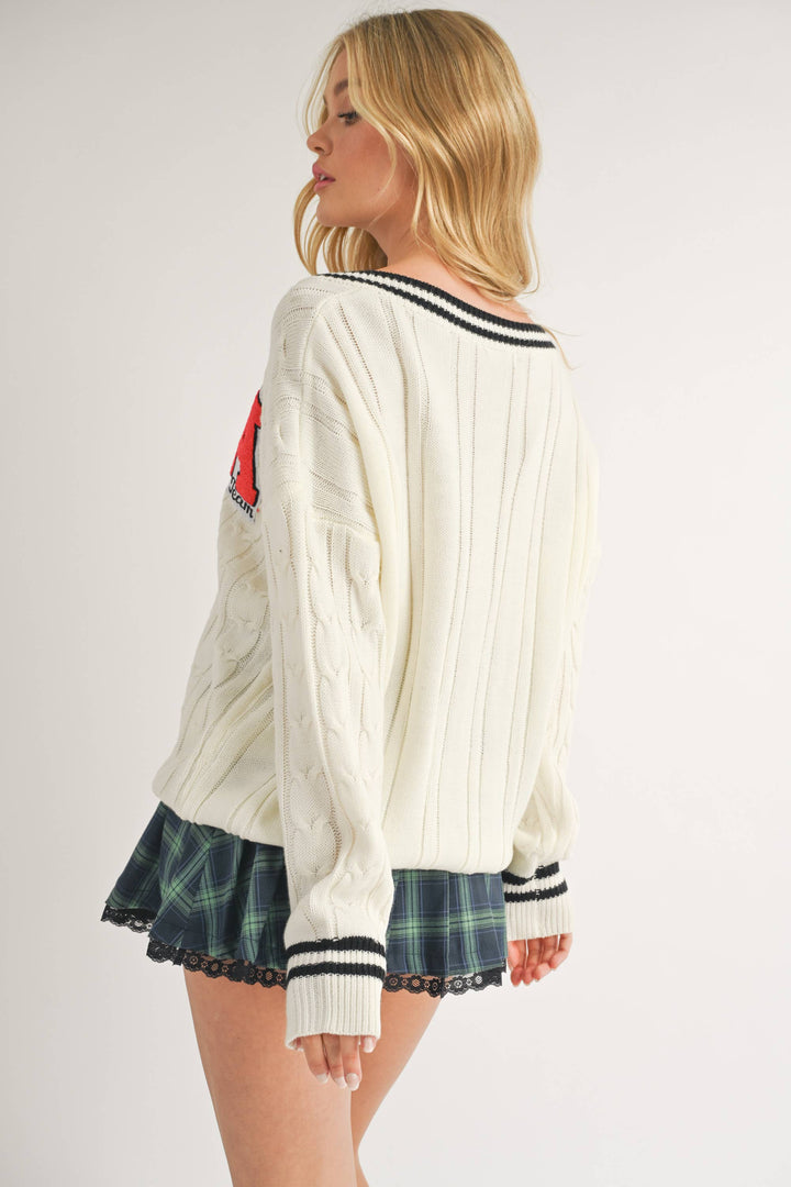 VARSITY PATCH V NECK CABLE KNIT SWEATER - Knit sweaters