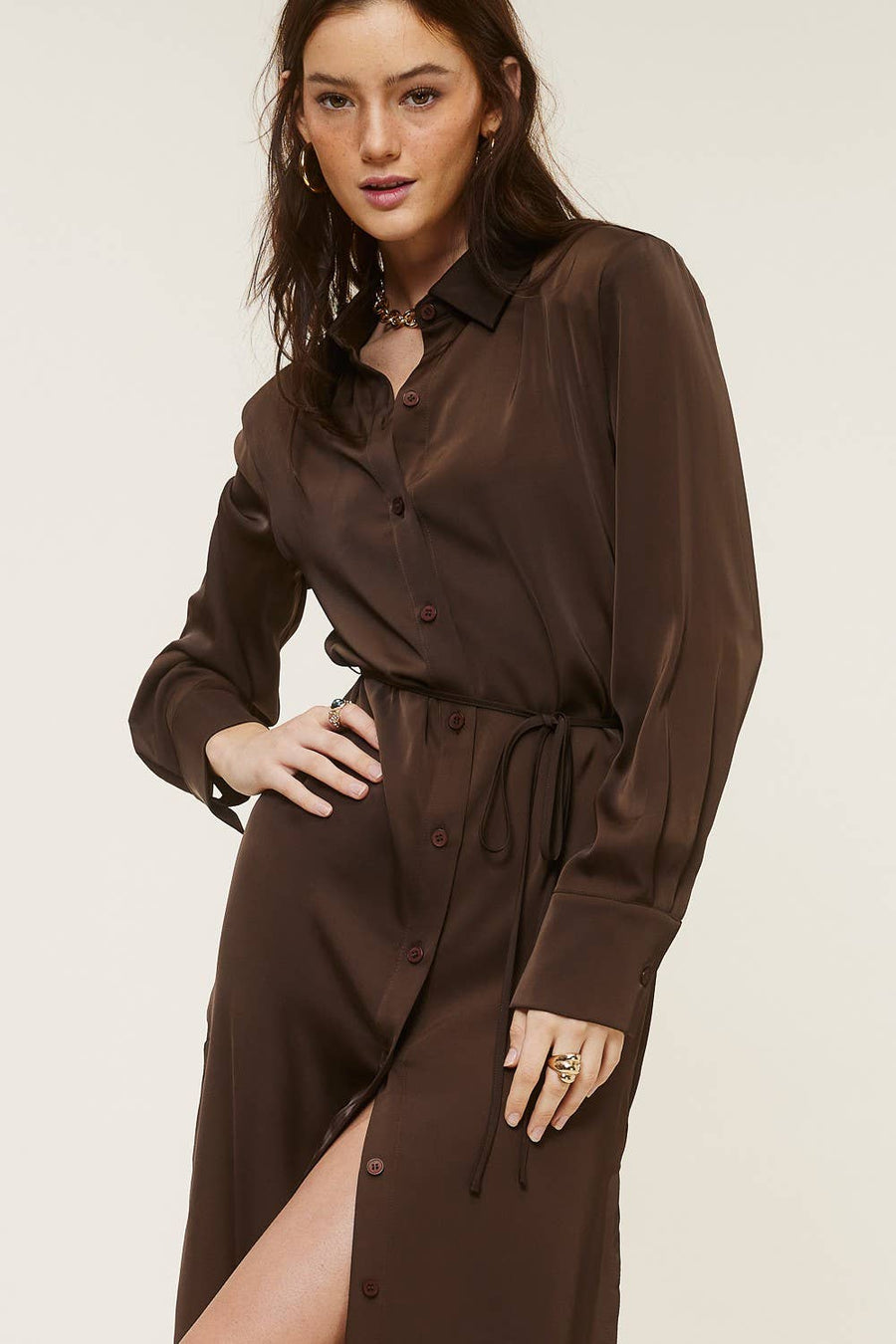 YAHARA Silky Button Down Shirt Dress - S / Cedar - Dresses