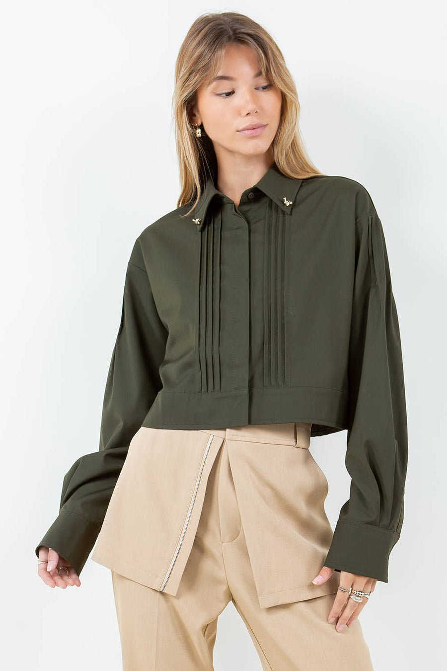 YARY JEWELED COLLAR WITH PINTUCK DETAILS WOVEN SHIRT - XS / Olive